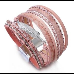 Pink Multilayer Leaf Pendant Leather Bracelet